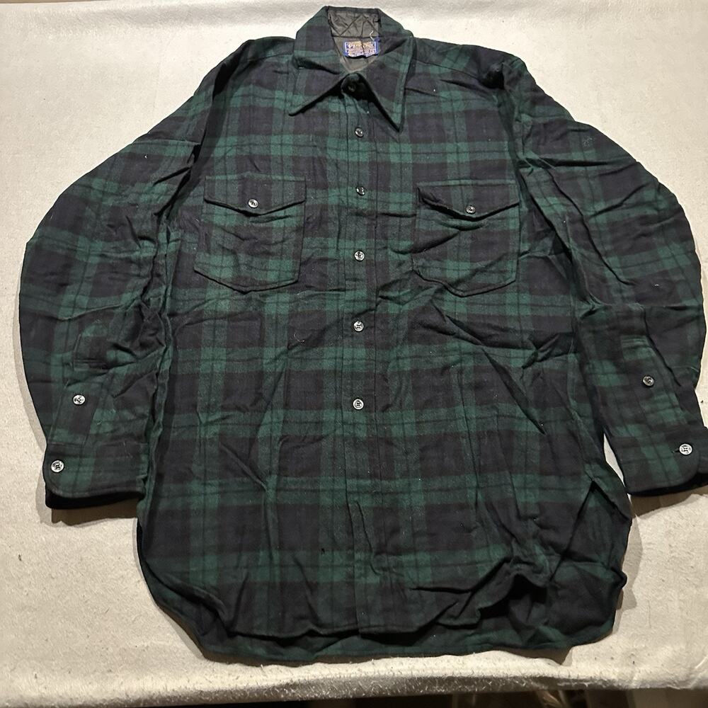 Pendleton Vintage Flannel Field Shirt Men’s Large Wool  BlackWatch Plaid‎ 70’s